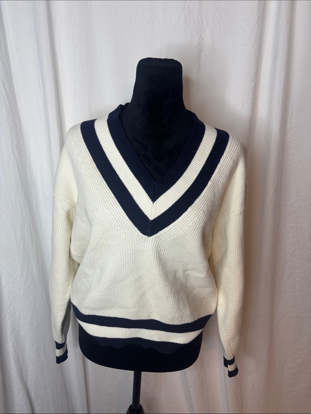 Mango Cream V-Neck Sweater with Navy Stripes